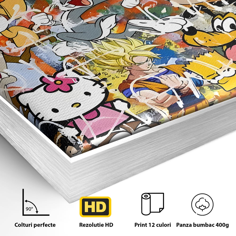 Detaliu al suprafetei: tablou canvas cu personaje din desene animate, in rama de aluminiu argintiu